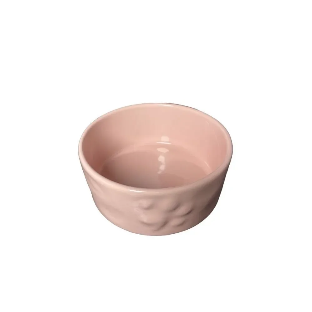 Blush Pink Glazed Ceramic Dog Bowl with Embossed Paw Print Designs